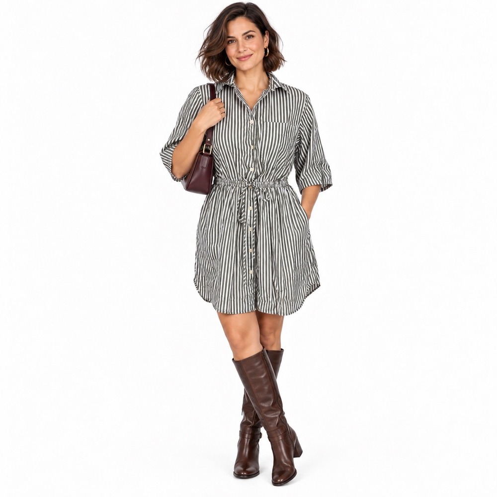 LOFT Striped Shirt Dress Women 6 Olive White Coastal Preppy Tie Waist